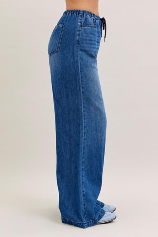 Judy Blue High Waist Featherweight Elastic Waistband Drawstring Palazzo Denim Jeans 881047