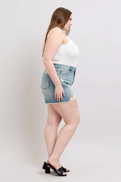 Judy Blue High Waist Vintage Wash Fly Stitch Detail & Destroy Denim Short 150323-Shorts-Sunshine and Wine Boutique