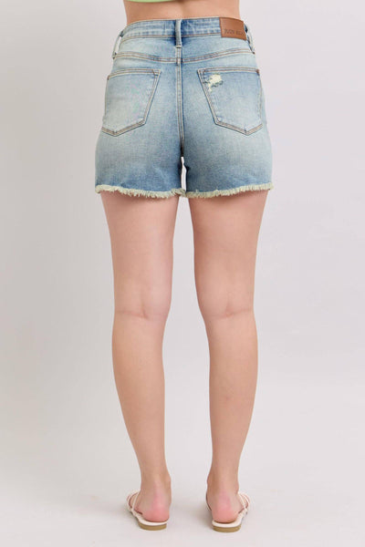 Judy Blue High Waist Vintage Wash Fly Stitch Detail & Destroy Denim Short 150323-Shorts-Sunshine and Wine Boutique
