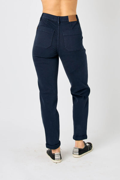 Judy Blue High Waist Garment Dyed Navy Cuffed Jogger Denim 88813-Jeans-Sunshine and Wine Boutique