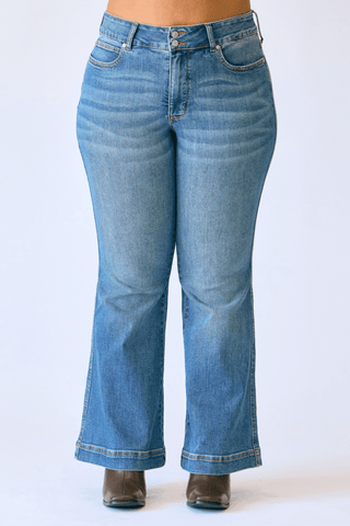 Judy Blue High Waist Tummy Control Double Button Flare Denim Jeans 881018 - Petite