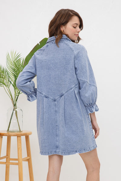 Blue B Washed Denim Puff 3/4 Sleeve Button Up Shirt Dress, Blue 22139D-Dresses-Sunshine and Wine Boutique