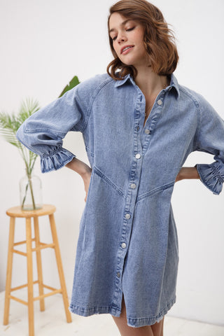 Blue B Washed Denim Puff 3/4 Sleeve Button Up Shirt Dress, Blue 22139D-Dresses-Sunshine and Wine Boutique