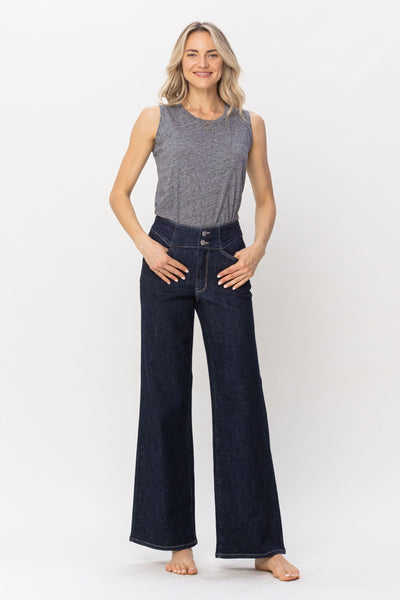 Judy Blue High Waist Rinse Wash Geometric Waistband and Pocket Embroidery Wide Leg Denim 88579-Jeans-Sunshine and Wine Boutique