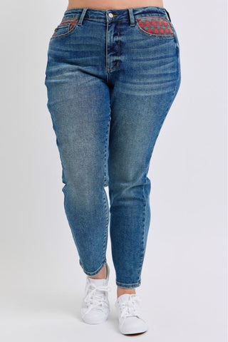 Judy Blue High Waist Plaid Patch Slim Denim Jeans 88868