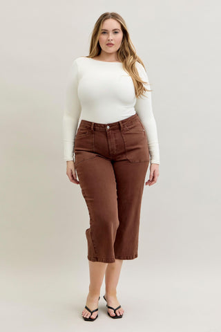 Judy Blue Mid Rise Garment Dyed Maple Utility Pocket Wide Leg Crop Denim Jeans 881017