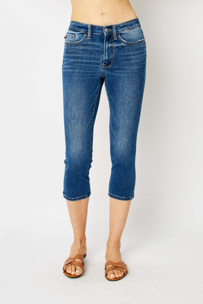 Judy Blue Mid Rise Side Slit Capri Denim 72113-Jeans-Sunshine and Wine Boutique