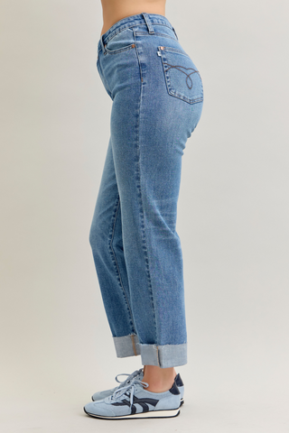 Judy Blue High Waist Criss-Cross Mild Destroy Single Cuff Boyfriend Denim Jeans 881003