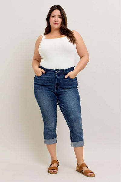 Judy Blue Mid Rise Dark Wash Cuffed Capri Denim Jeans 72121-Jeans-Sunshine and Wine Boutique