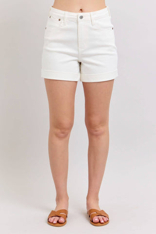 Judy Blue High Waist Double Roll Cuff White Denim Short 150305-Shorts-Sunshine and Wine Boutique