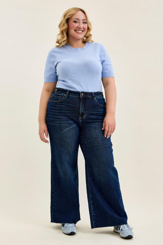 Judy Blue High Waist Adjustable Waistband Tabs Raw Hem Retro Wide Leg Denim Jeans 881114 - Petite