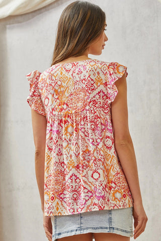 Savanna Jane Babydoll Print Top with Floral Embroidery