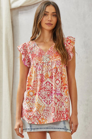 Savanna Jane Babydoll Print Top with Floral Embroidery