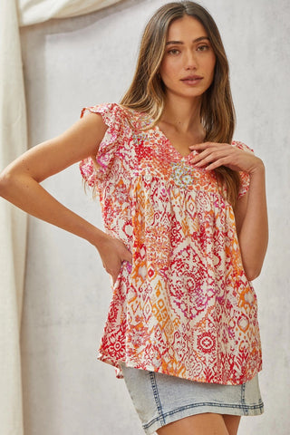 Savanna Jane Babydoll Print Top with Floral Embroidery
