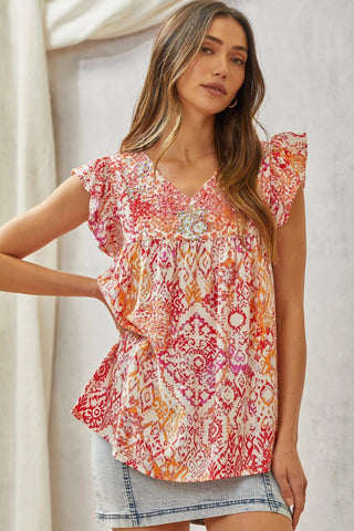 Savanna Jane Babydoll Print Top with Floral Embroidery