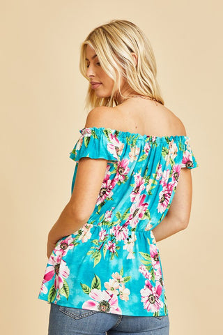 Sew In Love Off Shoulder Short Sleeve Top with Ruffles in Teal/Magenta