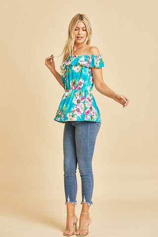 Sew In Love Off Shoulder Short Sleeve Top with Ruffles in Teal/Magenta