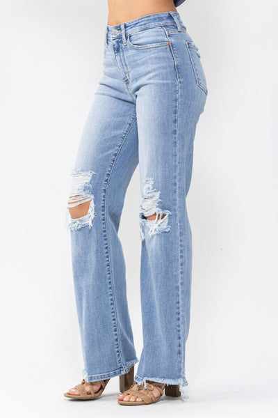 Judy Blue High Waist 90's Knee Destroy Straight Denim 82502-Jeans-Sunshine and Wine Boutique