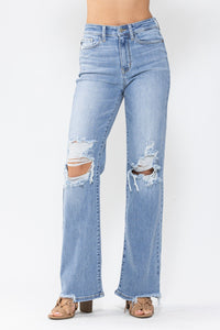 Judy Blue High Waist 90's Knee Destroy Straight Denim 82502-Jeans-Sunshine and Wine Boutique