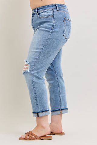 Judy Blue Mid Rise Destroyed Cuffed Boyfriend Denim Jeans 82688