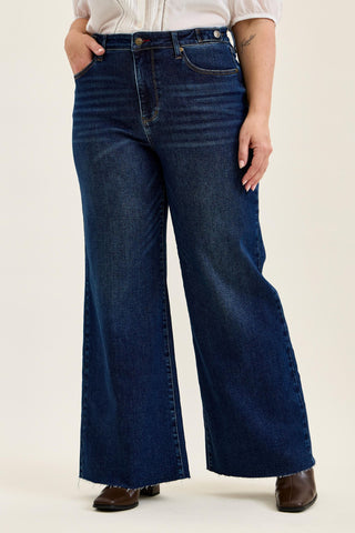 Judy Blue High Waist Adjustable Waistband Tabs Raw Hem Retro Wide Leg Denim Jeans 881114