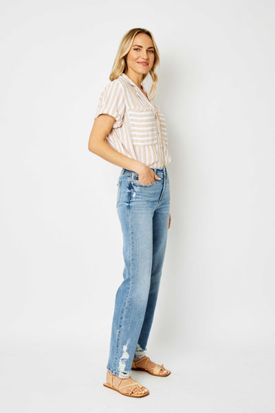 Judy Blue High Waist Heavy Destroy Straight Denim Jeans 82470-Jeans-Sunshine and Wine Boutique