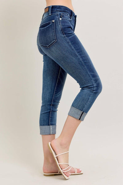 Judy Blue Mid Rise Dark Wash Cuffed Capri Denim Jeans 72121-Jeans-Sunshine and Wine Boutique