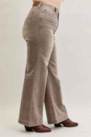 Judy Blue High Waist Retro Yarn Dyed Clay Criss-Cross Waistband Wide Leg Denim Jeans 881031