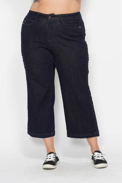 Judy Blue High Waist Side Seam Braid Detail Wide Leg Crop Denim 88851-Jeans-Sunshine and Wine Boutique