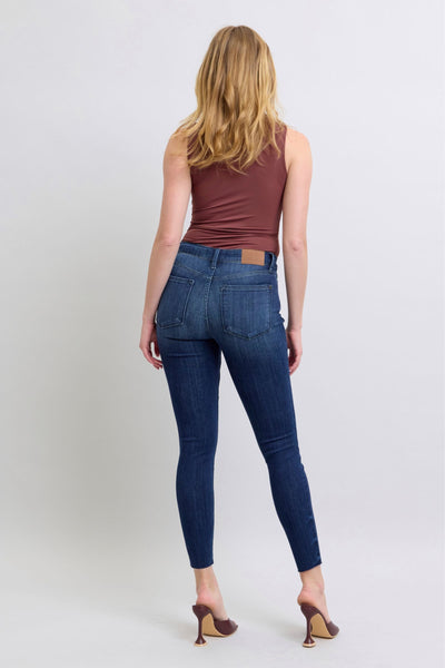 Judy Blue Mid Rise Raw Hem Skinny Denim Jeans 82628-Jeans-Sunshine and Wine Boutique