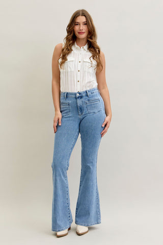 Judy Blue High Waist Front Patch & Welt Pockets Flare Denim Jeans 881055