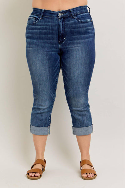 Judy Blue Mid Rise Dark Wash Cuffed Capri Denim Jeans 72121-Jeans-Sunshine and Wine Boutique