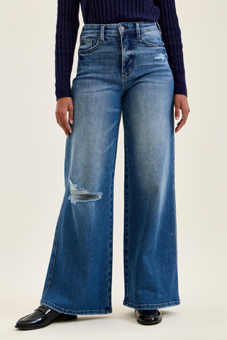 Judy Blue High Waist Tummy Control Leopard Waistband Lux Retro Wide Leg Denim Jeans 881192