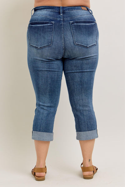 Judy Blue Mid Rise Dark Wash Cuffed Capri Denim Jeans 72121-Jeans-Sunshine and Wine Boutique