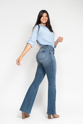 Judy Blue Mid Rise Tummy Control Vintage Wash Cut Hem Flare Denim Jeans 88472