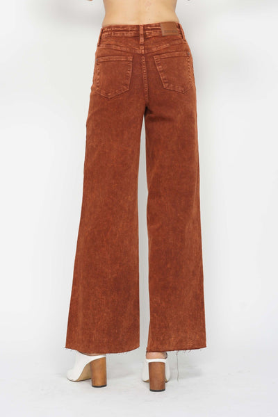 Judy Blue High Waist Garment Dyed Pumpkin Spice Raw Hem Retro Wide Leg Denim 88888-Jeans-Sunshine and Wine Boutique