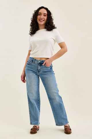 Judy Blue Mid Rise Tummy Control Vintage Wash Straight Denim Jeans 88943 - Petite