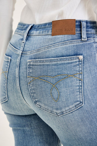Judy Blue Mid Rise Frayed Hem Kick Flare Denim Jeans 82721