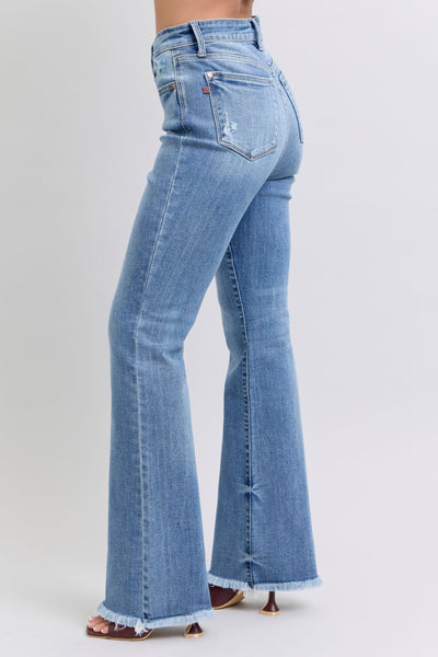 Judy Blue High Waist Fray Hem Bootcut Denim Jeans 82486-Jeans-Sunshine and Wine Boutique