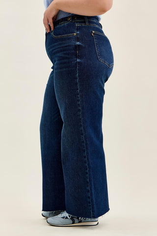 Judy Blue High Waist Adjustable Waistband Tabs Raw Hem Retro Wide Leg Denim Jeans 881114 - Petite