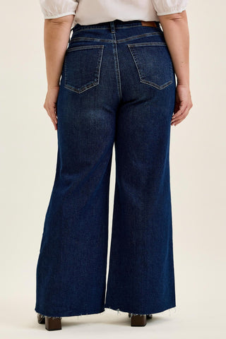 Judy Blue High Waist Adjustable Waistband Tabs Raw Hem Retro Wide Leg Denim Jeans 881114