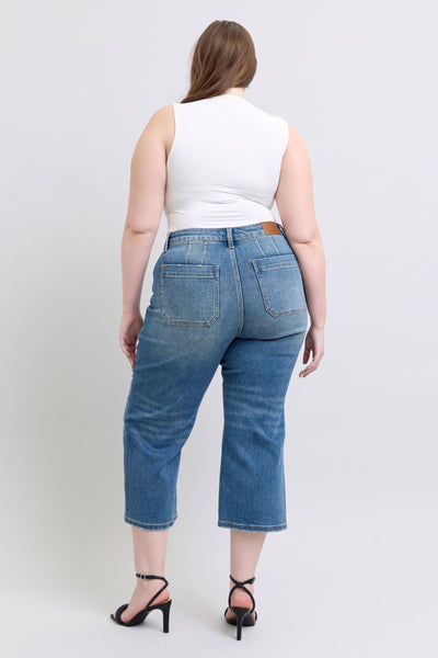 Judy Blue High Waist Utility Pockets Crop Wide Leg Denim Jeans 88904-Jeans-Sunshine and Wine Boutique