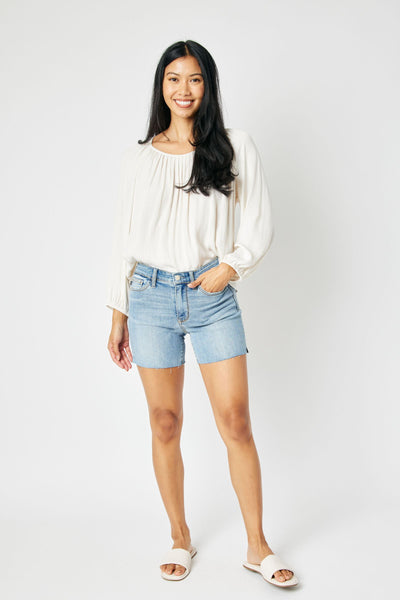 Judy Blue Mid Rise Cutt Off Denim Short 15251-Shorts-Sunshine and Wine Boutique