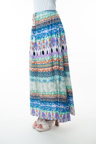 White Birch Printed Elastic Waist Band Long Skirt with Tassels in Sage Combo