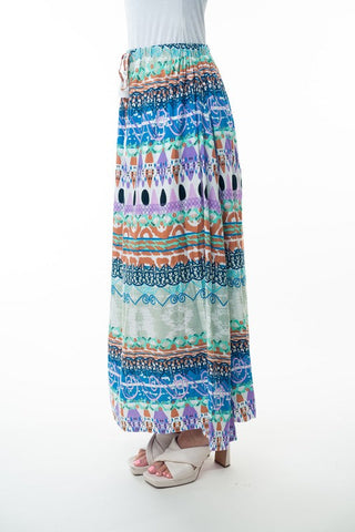 White Birch Printed Elastic Waist Band Long Skirt with Tassels in Sage Combo
