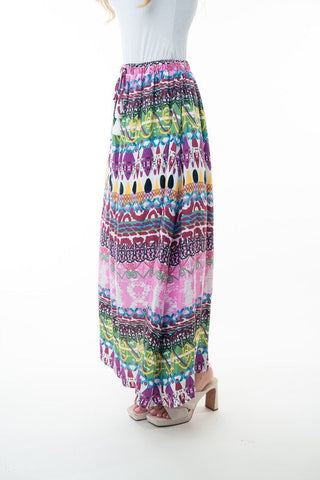 White Birch Printed Elastic Waist Band Long Skirt with Tassels in Pink Combo