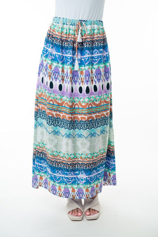 White Birch Printed Elastic Waist Band Long Skirt with Tassels in Sage Combo