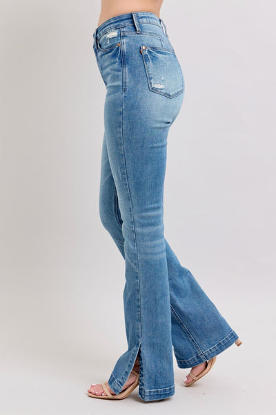 Judy Blue High Waist Tummy Control Vintage Wash Side Slit Slim Bootcut Denim Jeans 88930-Jeans-Sunshine and Wine Boutique