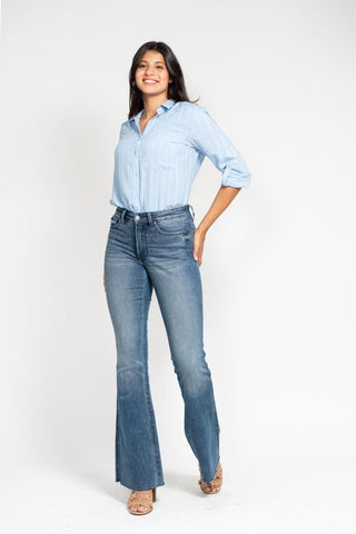 Judy Blue Mid Rise Tummy Control Vintage Wash Cut Hem Flare Denim Jeans 88472