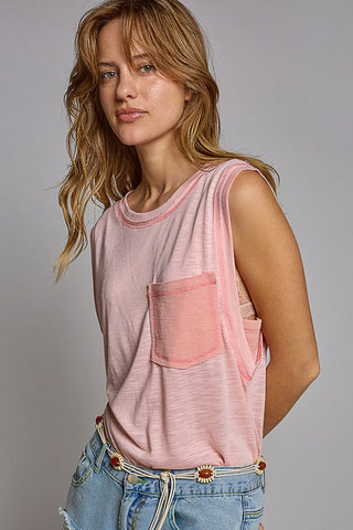POL Round Neck Sleeveless Pocket Front Solid Top in Blush